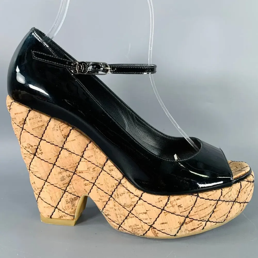 CHANEL 6.5 Black Natural Patent Leather Quilted Cork Peep Toe Platform Pumps